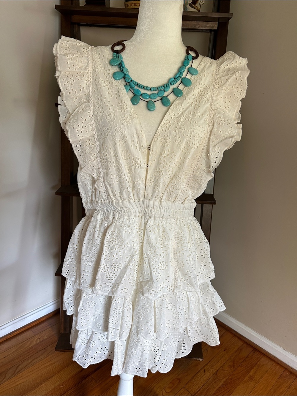 Off White Eyelet Ruffle Tiered Dress - Picture 4 of 7